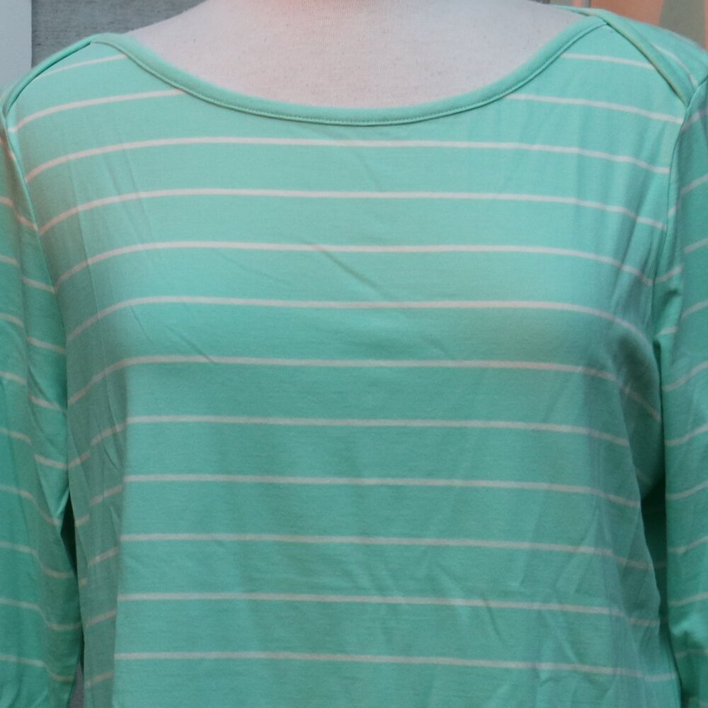 LL Bean Petite Mint w White Stripe Supima Modal Boatneck Long Sleeve Tee Sz LP - Picture 2 of 10